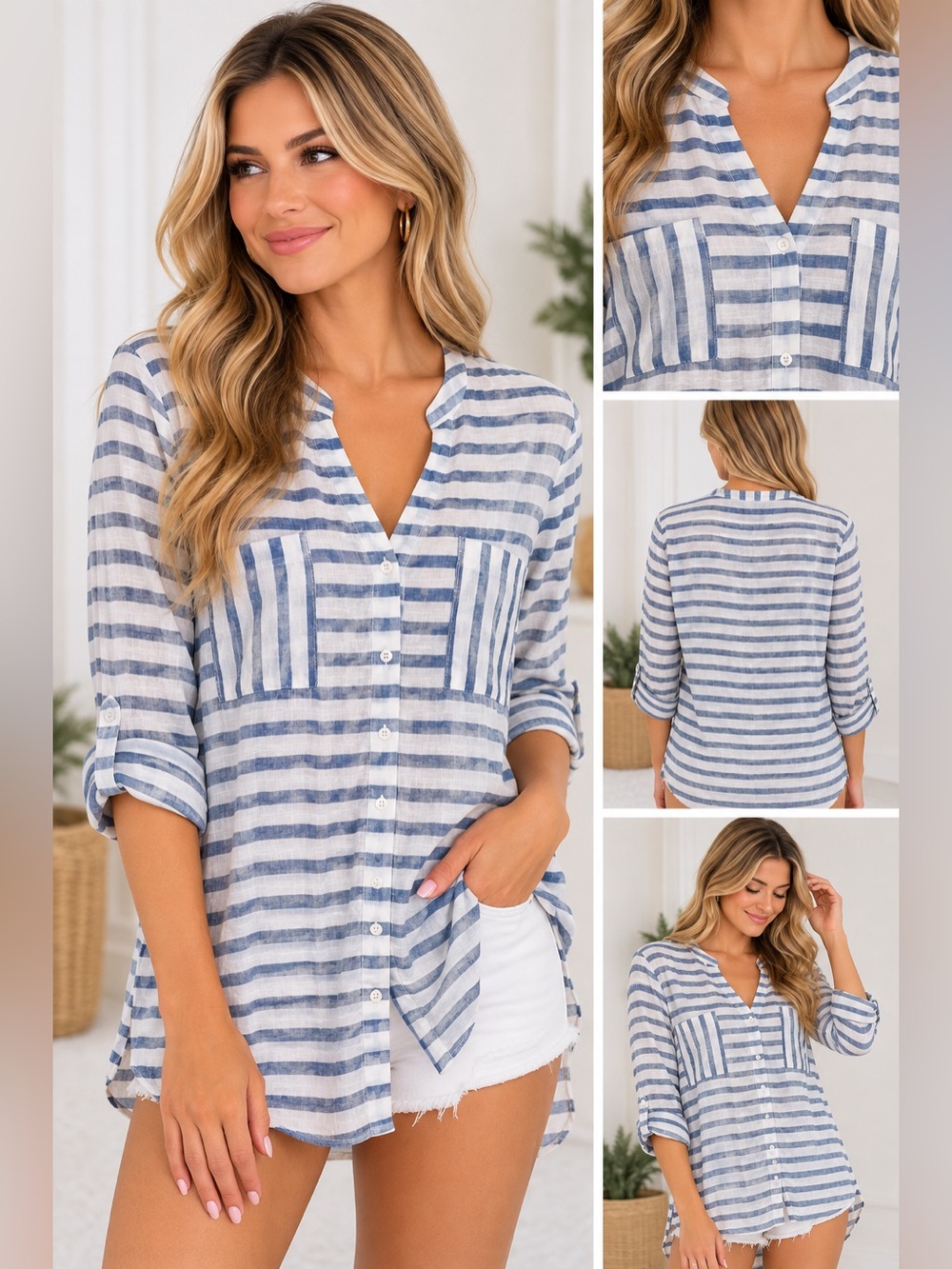Renuar Women's linen Blue and White Striped Button Down Tunic Shirt size large